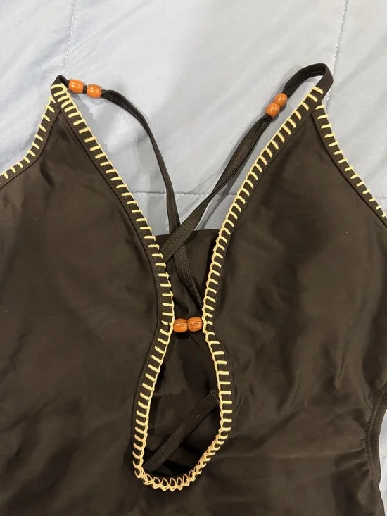 Deep V One-Piece black Swimsuit with Contrast Trim - Picture 2 of 3